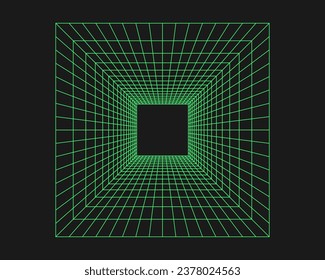 Cyber grid, retro punk perspective rectangular tunnel. Grid geometry tunnel, y2k element style on black background. Vector trendy illustration.