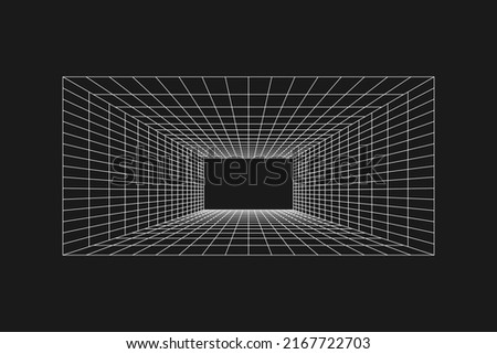 Cyber grid, retro punk perspective rectangular tunnel. Grid tunnel geometry on black background. Vector illustration.
