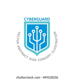 Cyber guard - vector logo template concept illustration. Shield and electronic computer chip creative sign. Protection antivirus symbol. Design element. 