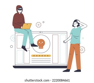 Cyber hacker attack, internet scam phishing concept. Online cyber crime, scammer hacks personal data or password protection flat vector illustration. Computer security breaking