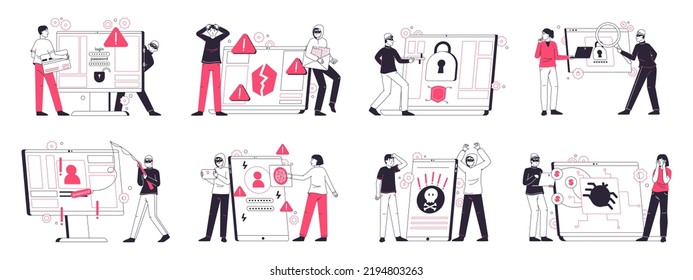 Cyber hacker attack, outline internet scam phishing. Online cyber crime, computer security, personal data protection flat vector illustration set. Internet fraud scenes