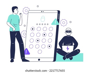 Cyber hacker attack, scam phishing concept. Linear internet cyber crime, security breach, personal data protection threat flat vector illustration. Internet secure protection