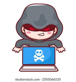 Cyber hacker Vector de dibujos animados. Ilustración de diseño de concepto de delito cibernético. Sistema de hackeo y protección, robo de datos, información y dinero, tráfico de Web seguro. Fondo blanco aislado