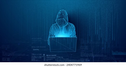 Cyber hacker. Digital Cybersecurity Concept with Hooded Hacker and Computer Interface on Dark Background. Spy anonymous. Fraud security. Laptop silhouette. Vector illustration