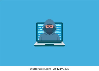 Ilustração de Cyber Hacker. ilustração de um cyber hacker usando um capuz escuro e uma máscara facial, surgindo de uma tela de laptop.