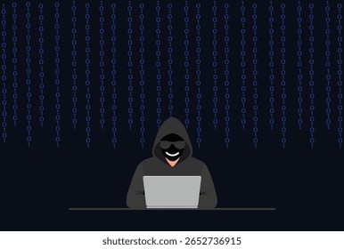 Cyber Hacker with Laptop in Digital Rain Binary Code Data Security Risk Concept Vector Illustration.