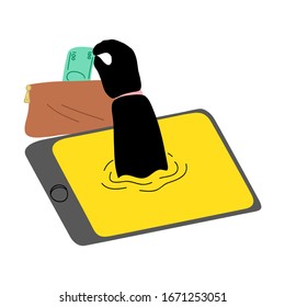 Cyber hacker thieves hand stealing money from a smartphone online wallet, credit card. Vector illustration in flat cartoon style.