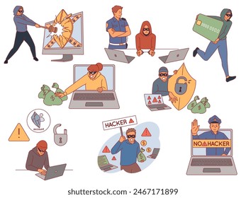 Cyber hackers scenes. Hacking system and protection, data, information and money theft, secure web traffic, breaking laptop. Network criminality cartoon flat style cybercrime vector set