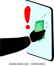 Cyber hackers thieves hand stealing money from a smartphone online wallet, credit. Vector illustration in flat cartoon style.