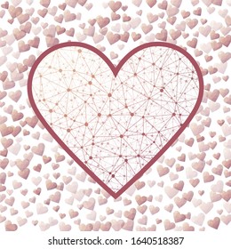 Cyber Heart. Geometric heart mesh in yellow brown color shades, yellow brown connections. Amazing network style vector illustration.