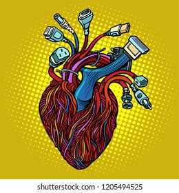 Cyber heart. Wires and cables. Pop art retro vector illustration vintage kitsch