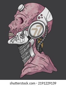 cyber human-cyber zombie-zombie tech-horror-technology-scary-skull head-bones-cyberpunk-vactor illustration