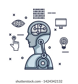 cyber humanoide profile with tech icons vector illustration design