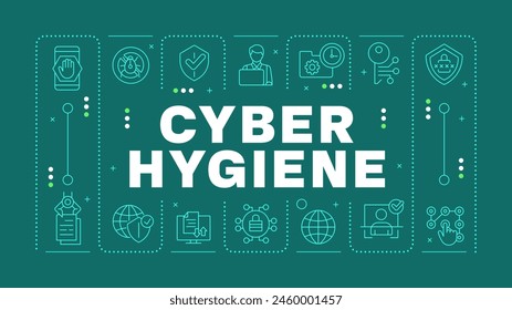 Cyber hygiene teal word concept. Internet privacy, cybersecurity. Data protection. Horizontal vector image. Headline text surrounded by editable outline icons. Hubot Sans font used