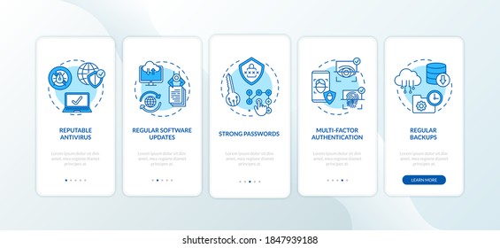 Cyber hygiene tips onboarding mobile app page screen with concepts. Antivirus, regular backups, passwords walkthrough 5 steps graphic instructions. UI vector template with RGB color illustrations