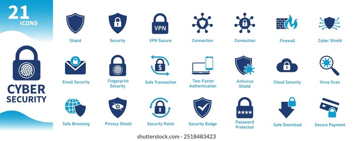 Cyber ​​security icon. Collection of icons about protection, shield, internet, cyberspace, technology, firewall. Solid vector icons.