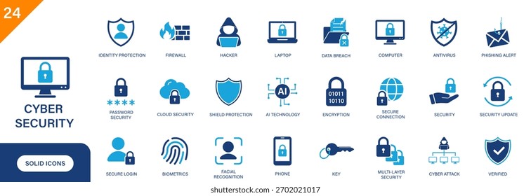 Icono de ​​seguridad cibernética. Incluye seguridad, alerta de phishing, antivirus, ciberataque, seguridad de Contraseña. Conjunto de iconos de Vector sólido.