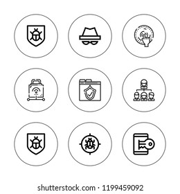 Cyber icon set. collection of 9 outline cyber icons with antivirus, bionic, hacker icons. editable icons.