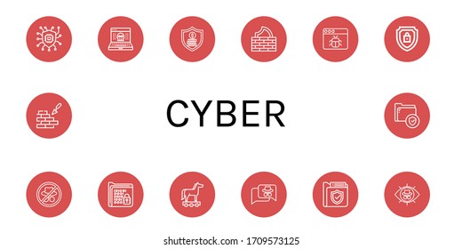 conjunto de iconos cibernéticos. Colección de iconos de seguridad, hackeo, cortafuegos, malware, cifrado, hacker, cifrado, caballo de troyano, cerrojo, seguro