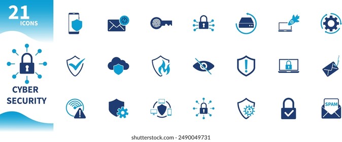 Cyber ​​security icon. Set of internet, technology, computer, shield, virus, lock, scan, firewall icons. Solid vector icon