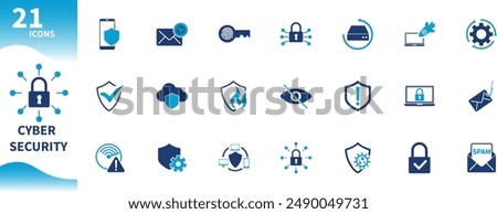 Cyber ​​security icon. Set of internet, technology, computer, shield, virus, lock, scan, firewall icons. Solid vector icon