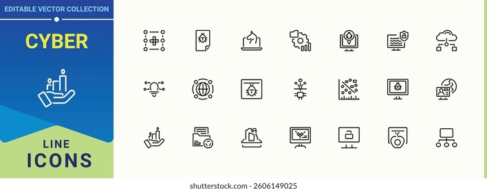 Cyber icon set in linear style. Pack of technology, hack, network, tech, net and more. Cyberspace icon set in linear style. Outline icons collection. Conceptual pictogram and infographic.