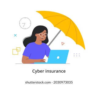 Cyber insurance concept. Happy woman sitting at laptop and safely uses Internet. Reducing risk of information theft by hackers. Cartoon modern flat vector illustration isolated on white background