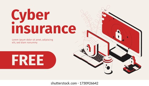 Cyber insurance horizontal banner with isometric images of protected computers locks workspace elements and editable text vector illustration