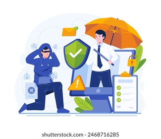 Cyber Insurance Illustration. A Male Insurance Agent Protects Data Information Against Cybercrime Risks From a Hacker