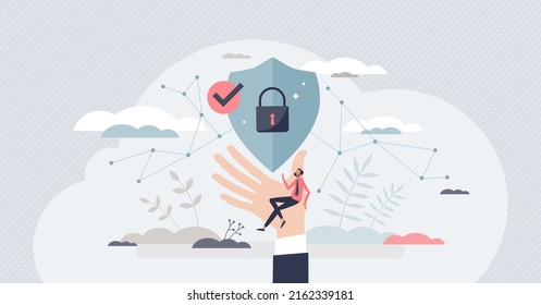 Cyber insurance with online internet danger protection tiny person concept. Locked key and shield as security for personal data and information leaking vector illustration. Encrypted chat connection.