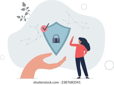 Cyber insurance with online internet danger protection.Locked key and shield as security for personal data and information leaking.flat vector illustration