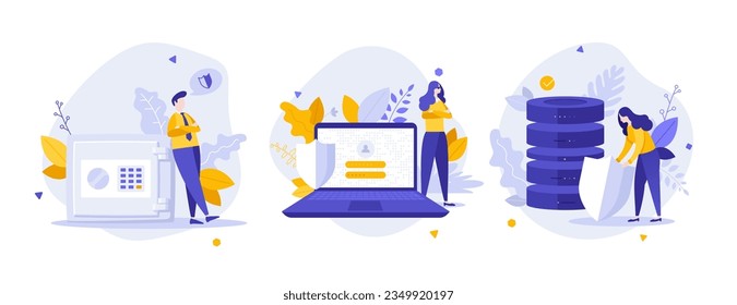 Cyber and internet security flat illustrations set. Data and finance protection. Property protection technology cartoon compositions for web design. Creative idea for website, mobile, presentation