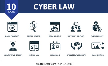 Cyber Law Icon Set. Collection Contain Online Trademark, Invention Patent, Free Access, Borrowing Ideas, Protected Ideas And Over Icons. Cyber Law Elements Set.