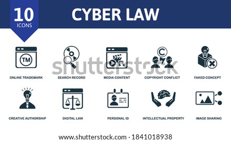 Cyber Law icon set. Collection contain online trademark, invention patent, free access, borrowing ideas, protected ideas and over icons. Cyber Law elements set.