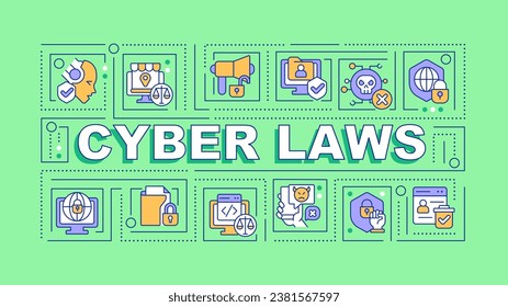 Cyber laws text with various thin line icons concept on green monochromatic background, editable 2D vector illustration.