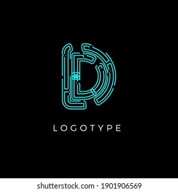 Cyber letter D for digital technology logo concept. Contour circuit style monogram for artificial intelligence product symbol, robotic system logo and vector type design