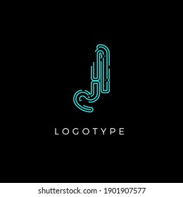 Cyber letter J for digital technology logo concept. Contour circuit style monogram for artificial intelligence product symbol, robotic system logo and vector type design