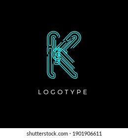 Cyber letter K for digital technology logo concept. Contour circuit style monogram for artificial intelligence product symbol, robotic system logo and vector type design
