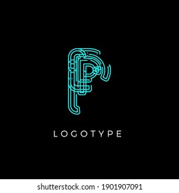 Cyber letter P for digital technology logo concept. Contour circuit style monogram for artificial intelligence product symbol, robotic system logo and vector type design