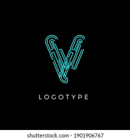 Cyber letter V for digital technology logo concept. Contour circuit style monogram for artificial intelligence product symbol, robotic system logo and vector type design