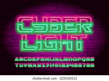 Tipo de letra del alfabeto de la luz cibernética. Dos letras de neón de color y números. Tipo vectorial de material para su diseño.