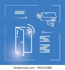 Diseño de la puerta de ciberbloqueo y de la cámara cctv de la tecnología de contraseña de seguridad y la protección del tema en línea Ilustración vectorial