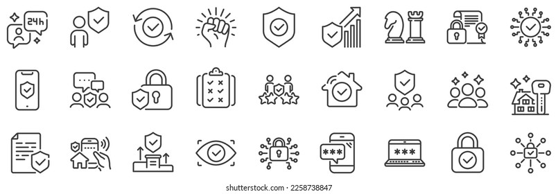 Cyber lock, password, unlock. Security line icons. Guard, shield, home security system icons. Eye access, electronic check, firewall. Internet protection, laptop password. Vector