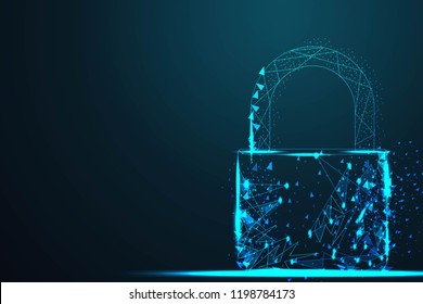 cyber Lock security padlock, Abstract wire low poly, Polygonal wire frame mesh looks like constellation on dark blue night sky with dots and stars, illustration and background