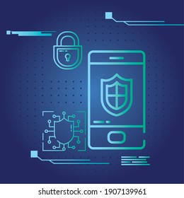 Cyber lock smartphone with shield and padlock design of Security password technology and protection online theme Vector illustration