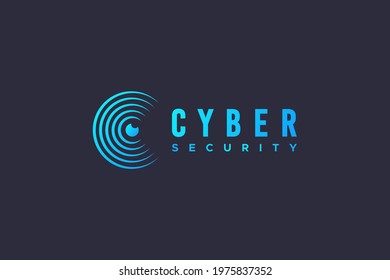 Cyber Logo Eye. Blue Circular Geometric Lines Initial Letter C with Eyeball inside isolated on Blue Background. Usable for Protection Security Logo Concept. Flat Vector Logo Design Template Element.