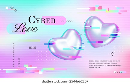 Cyber love banner with glitch art and 3d chrome hearts, brutalist graphics. Gradient neon background, ribbed glass effect. Vector futuristic illustration. Valentine's day y3k techno design.