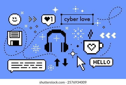 Cyber love concept. Pixel icons set. Y2k trendy stickers. Mood of 90s. 8 bit retro style vector illustration. Blue background. Simple geometric design. Cup of coffee, heart. Game abstract elements