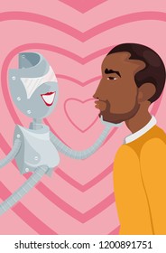 Cyber lover. A robot and a man. Illustration of how artificial intellect could replace or pretend to be your soulmate, combining characteristics, which you love in the partner and excluding bad ones