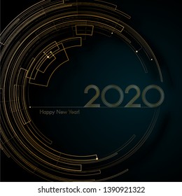 Ciberlujo dorado líneas futuristas 2020 Nuevo año Azul fondo Moderno diseño creativo elementos de lujo elegantes tarjetas invitaciones para el Año Nuevo 2020 Diseño moderno Patrón circular líneas doradas Vector